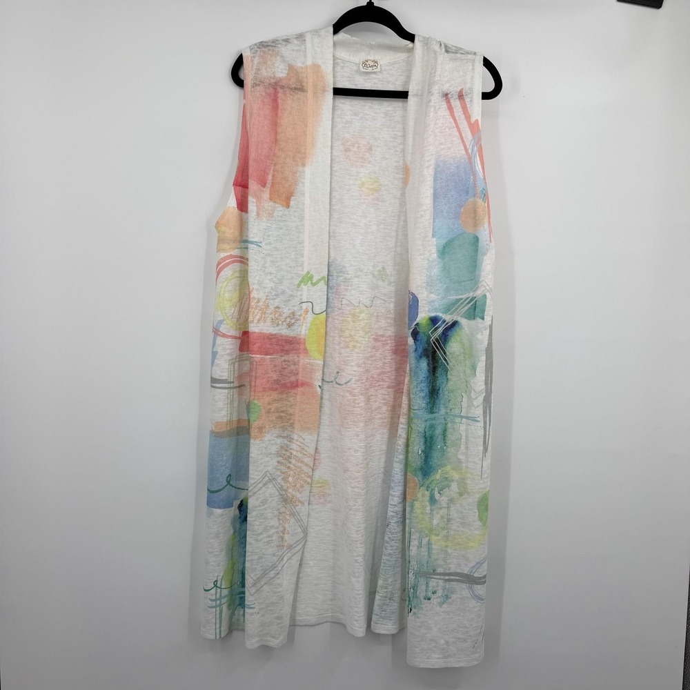 Et'Lois Vest Womens Medium Multicolor Open-Knit Sheer Lightweight Graphic Print